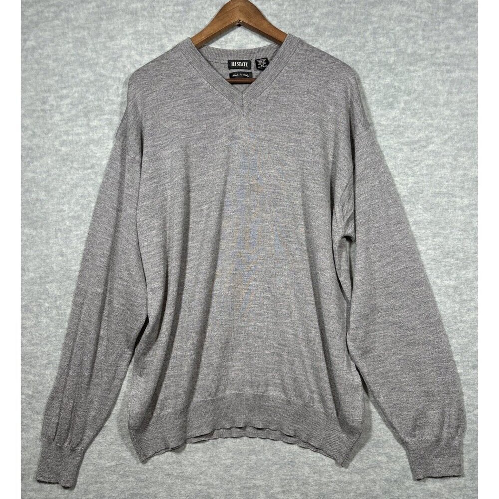 111‎ State Mens Sweater Sz XLT 100% Extra Fine Merino Wool V Neck Gray Casual